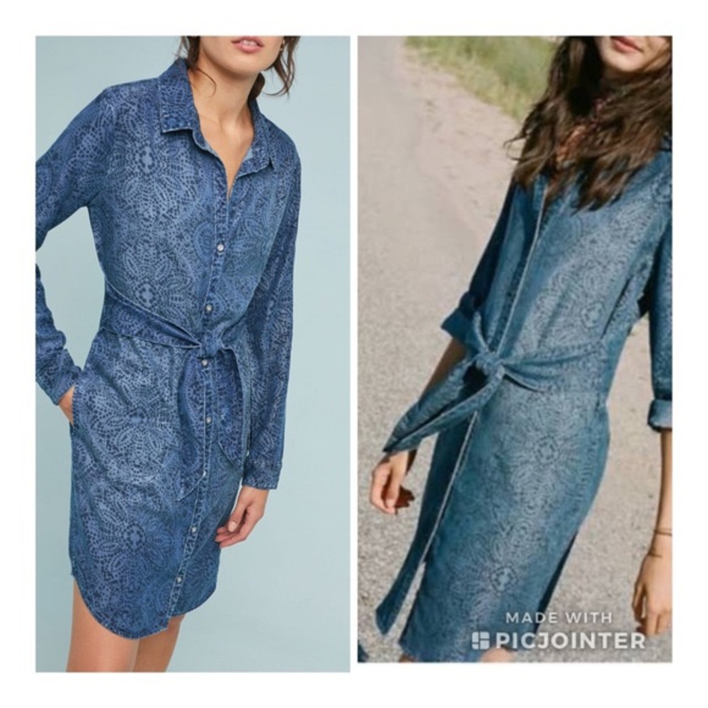 NWT Anthropologie Cloth & Stone Patterned Chambray Denim Shirtdress